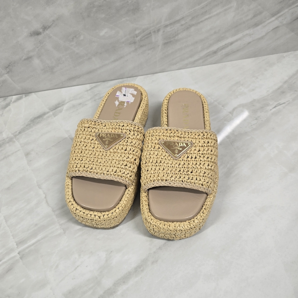 Prada Beige Woven Slide Sandals - Picture 1 of 9